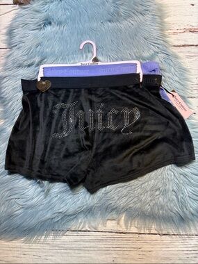 NWT Juicy Couture Black Velour Rhinestone Lavender Logo Lounge Sleep Shorts